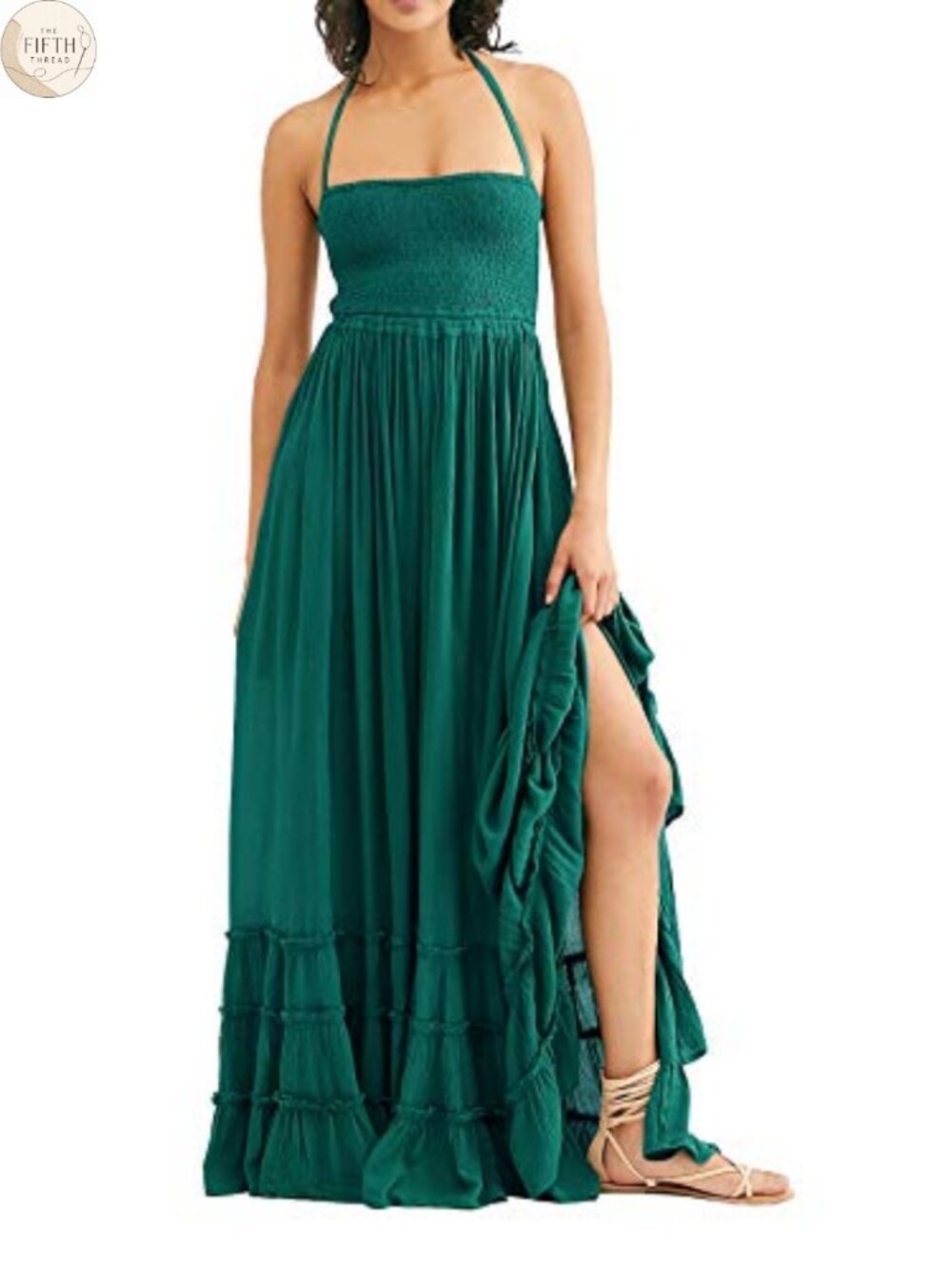 Boho Backless Halter Maxi Dress Cotton Rayon Ruffle Hem Beach